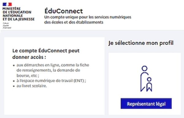 Image de l'écran de connexion au compte EduConnect d'un Représentant légal