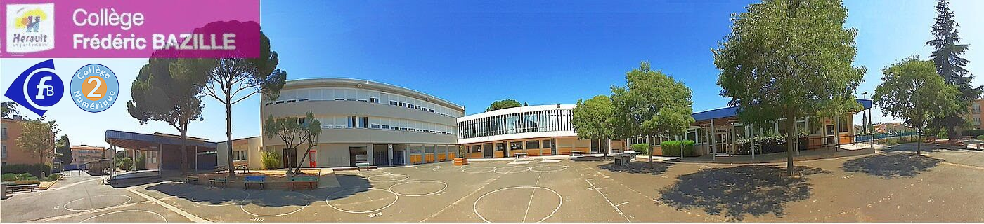 Photo panoramique du collège Frédéric Bazille, Castelnau-Le-Lez, logo et label.